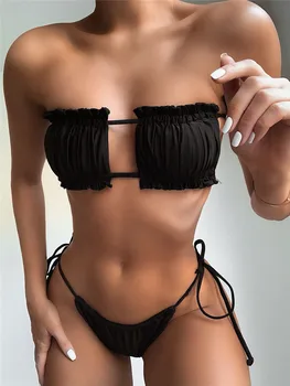 Brazilijos mikro bikinis mujer 2021 Seksualus maudymosi kostiumėlį moteris plisuotos bikini nustatyti maudymosi kostiumėliai moterims Tvarstį, maudymosi kostiumą, Mini paplūdimio