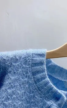Moterų Mėlyna O-kaklo Džemperis Perlų Mygtukai Šviežių Saldžiųjų ilgomis Rankovėmis 2021 M. Rudens Pradžioje, Moteriški Megztiniai Megztinis Viršų
