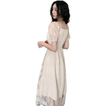 Korėjos Mados Moterų Suknelės, Nėriniai Sluoksniuotos Rankovėmis Kvadratinių Kaklo Prancūzijos Ilga Suknelė Plius Dydis