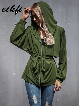 2020 m. Rudens Žiemos Moterų Mados Slim Hoodies Palaidinės Ldienos Žaliai Užtrauktukas Outwear Moterų ilgomis Rankovėmis Viršūnes su Diržu