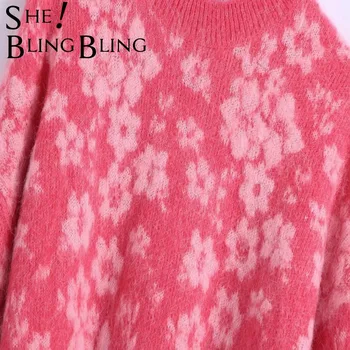 SheBlingBling Za Moteris 2021 Traf Traukti Y2K Rudenį, O Kaklo Lašas Pečių Laisvi Megztiniai Pink Gėlių Megztiniai Megztinis Puloveriai Apkarpyti Viršūnes