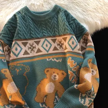 American retro rudens ir žiemos megztiniai vyrams ir moterims, tingus vėjas lokys mėgėjams dizaino prasme nišą tendencija Japonijos megztiniai megztinis