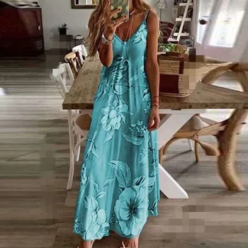 Vasarą Ilgos Suknelės Moterims Atsitiktinis Camis Gėlių Suknelė be Rankovių su V-kaklo Maxi Ilgas Dirželis Suknelė Boho Paplūdimio Suknelės Skraiste Longue