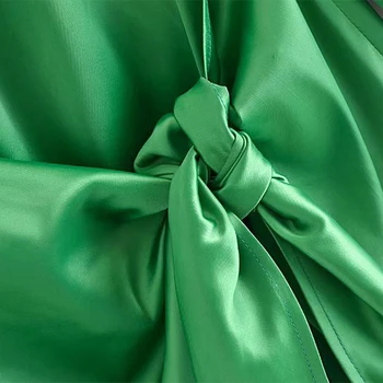 Sexy Satin Žalia Suknelė Moterims Mazgas Wrap Mini Suknelės Vasara O-Kaklo, Ilgomis Rankovėmis Trumpą Suknelę Ponios Elegantiškas Prarasti Vestidos