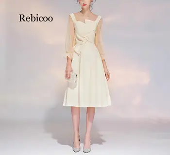 Naujas Paprasta Suknelė Arbata-ilgio Užtrauktukas Atgal Ilgas Rankovėmis Elegantiškas Oficialią Šalies Suknelė Chalatas De Soiree