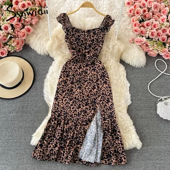 Syiwidii Leopard Suknelės Moterims Vasaros 2021 Naujas Berankovis Atgal Užtrauktuką Backless Pusėje Plyšine Linija, Spageti Dirželis Midi Suknelė