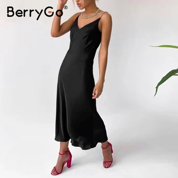 BerryGo Kieto satino ilgio slydimo suknelė moteris Seksualus v-kaklo mados šalis apynasrio suknelė moterų Pavasarį ir vasarą elegantiškas ponios suknelė