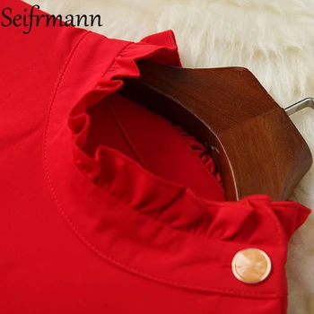 Seifrmann Naujas 2021 M. Rudenį Moterų Mados Dizaineris Šalies Midi Suknelė Žibintų Rankovės Raukiniai Vieną Krūtinėmis Raudona Spausdinti-Line Suknelė