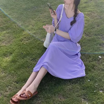 Moterys Vasarą Purple Elegantiškas Prarasti V-Kaklo Aukštos Juosmens Ilga Suknelė Sluoksniuotos Rankovėmis Megztinis Su Užtrauktuku 