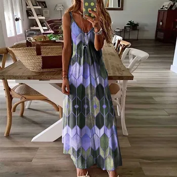 Vasarą Moterys Prarasti Atsitiktinis Vintage Suknelė Plius Dydis Rankovių V Kaklo Spageti Dirželis Midi Suknelė Moterims Drabužių Vestido 2021