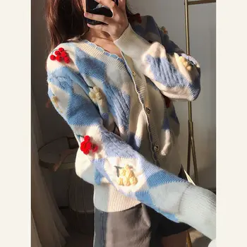 Korobov Korėjos Saldus Elegantiškos Moterys Megztiniai Japonijos V-Kaklo, Ilgomis Rankovėmis Mielas Susagstomi Megztiniai 2021 Naujas Siuvinėjimo Cardigan
