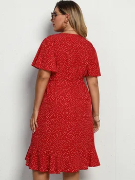 2021 Mada Moterims Vasaros Suknelės Plius Dydžio V Kaklo Blyksnius Rankovės Dot Spausdinti Ruffles Beach Suknelė Raudona Aukšto Juosmens Trumpą Mini Suknelės