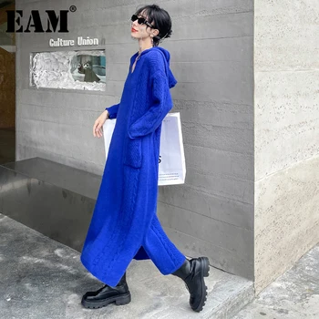[EAM] Moterys, Mėlyna Didelis Dydis Elegantiškas Ilgas Mezgimo Suknelė Naują Gobtuvu ilgomis Rankovėmis Palaidi Tinka Mados Banga Pavasario Rudens 2022 1DE4206