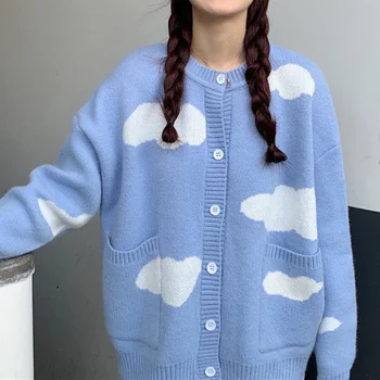 Moterų Megztinis Megztas Megztinis Debesis Modelis Mados Cardigan Mygtuką Up Girl Ilgomis Rankovėmis Prarasti Viršūnes Studentų Kawaii Knitwears