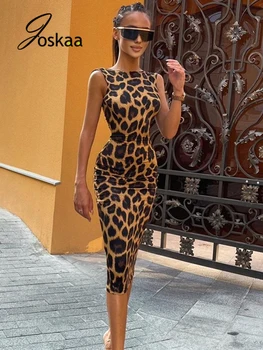 Joskaa Leopardas Spausdinti O Kaklo, Rankovių Bodycon Suknelė Moterims Seksualus Backless Šalies Midi Suknelė Patenka 2021 Elegantiškas Naktinio Klubo Apranga