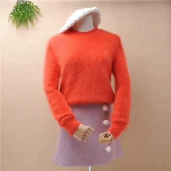 Ponios moterys trumpas stilių, o-kaklo pūkuotas pūkuotas mink kašmyras ilgomis rankovėmis, plonas megztinis iš angoros triušių kailių žiemos megztinis megztinis