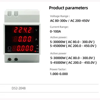 DIN-rail Multi-funkcija Metrų D52-2042 D52-2047 Skaitmeninis LED Įtampos Srovės Aktyviosios Galios Koeficientas Energijos Skaitiklis AC80-300V 100A