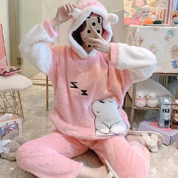Rudenį, Žiemą Moterys Pajama Set Home Kostiumą Drabužių Sleepwear Storą Šiltą Pižamą Moterų Animacinių Filmų Panda Gyvūnų Pižama Homewear