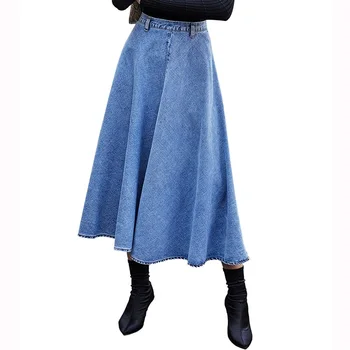 Rudenį Moterų mados juosmens Medvilnės didelis mostas laisvas sijonas, džinsinis moteris žiemą ilgas sijonas Džinsinis atsitiktinis derliaus Moterų sijonai